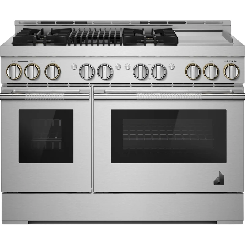 JennAir Cuisinière professionnelle à gaz Rise de 48 po avec plaque chauffante infusée de chrome et gril infrarouge JGRP748HL