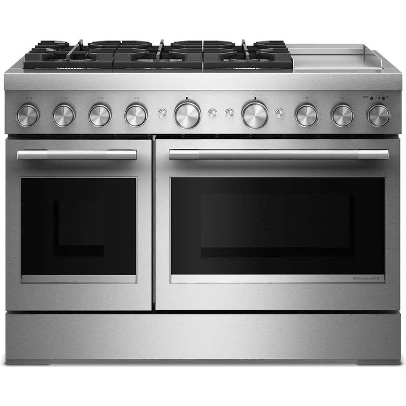 KitchenAid Cuisinière autoportante bi-énergie de style commercial de 48 pouces, 6,3 pi. cu. avec plaque chauffante KFDD948SSS