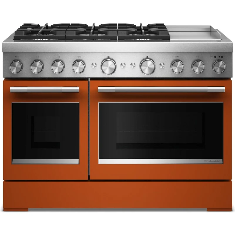 KitchenAid Cuisinière autoportante bi-énergie de style commercial de 48 pouces, 6,3 pi. cu. avec plaque chauffante KFDD948SSC