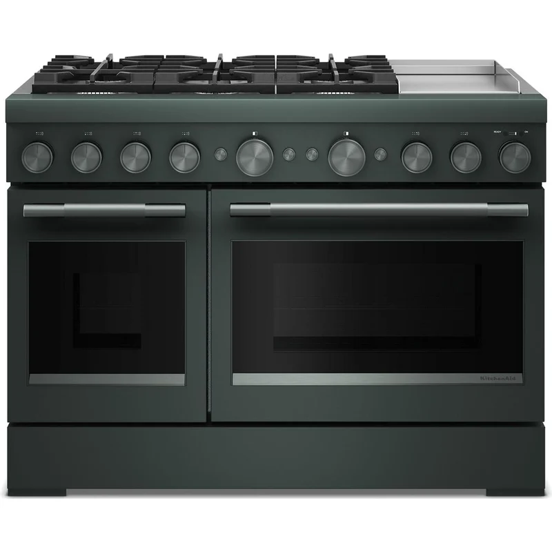 KitchenAid Cuisinière autoportante bi-énergie de style commercial de 48 pouces, 6,3 pi. cu. avec plaque chauffante KFDD948SJP