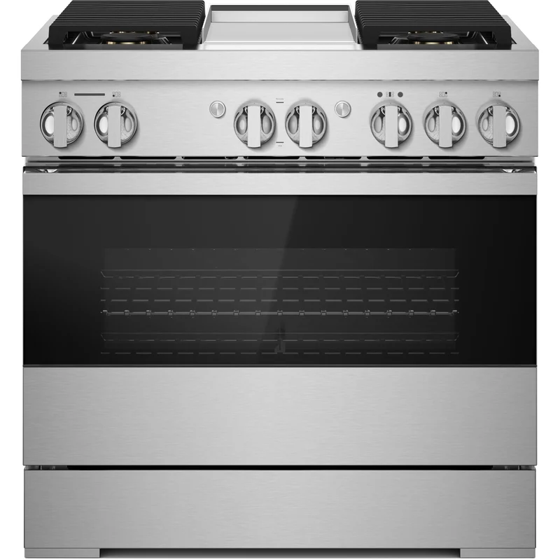 Germain Larivière Cuisinière professionnelle à biénergie Noir de 36 po avec plaque chauffante infusée de chrome JENNAIR JDRP536HM- Vente finale - Modèle de plancher - Vendu tel quel