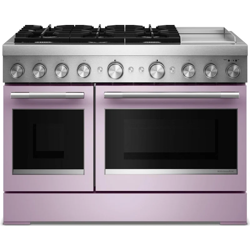 KitchenAid Cuisinière autoportante bi-énergie de style commercial de 48 pouces, 6,3 pi. cu. avec plaque chauffante KFDD948SWF