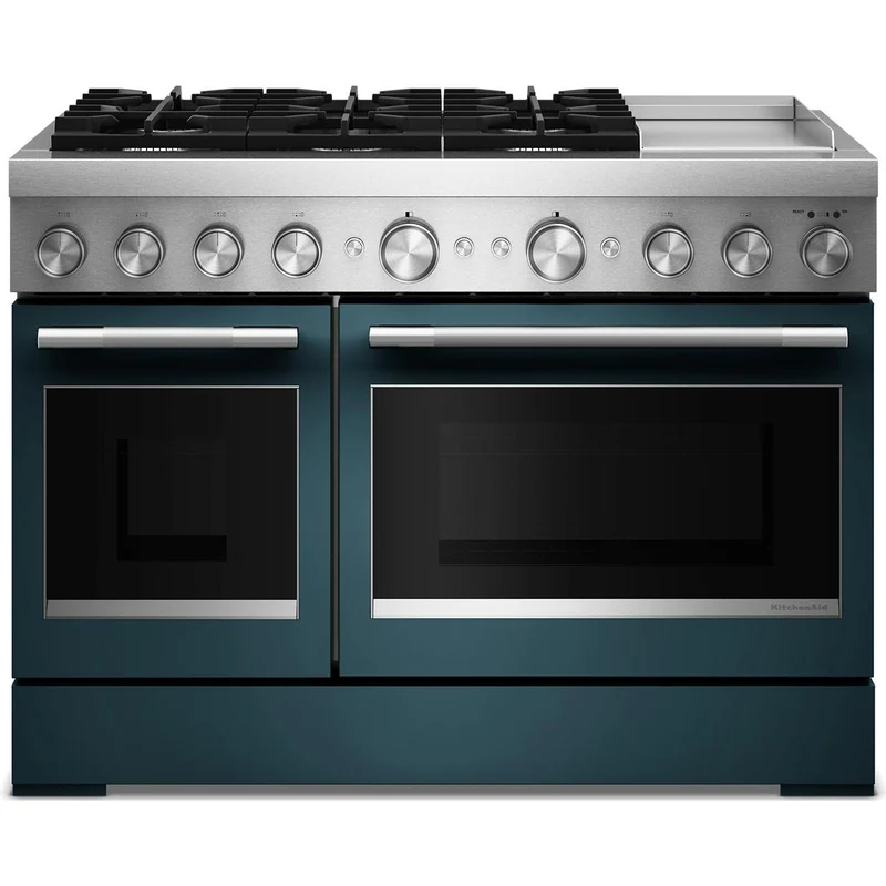 KitchenAid Cuisinière autoportante bi-énergie de style commercial de 48 pouces, 6,3 pi. cu. avec plaque chauffante KFDD948SAG