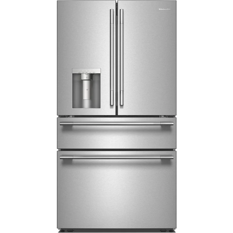 KitchenAid Réfrigérateur quatre portes avec porte à deux battants autoportant de 36 pouces, 29,51 pi. cu. avec distributeur d'eau et de glace KRMF436SPS