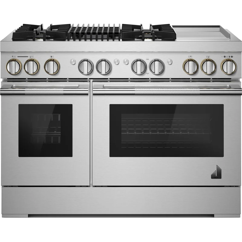 JennAir Cuisinière professionnelle à biénergie Rise de 48 po avec plaque chauffante infusée de chrome et gril à gaz JDRP748HL